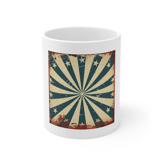 Retro American Starburst Coffee Mug – Vintage Patriotic USA Mug – Minimalist Stars & Stripes 11oz Ceramic Cup – Unique Americana Gift
