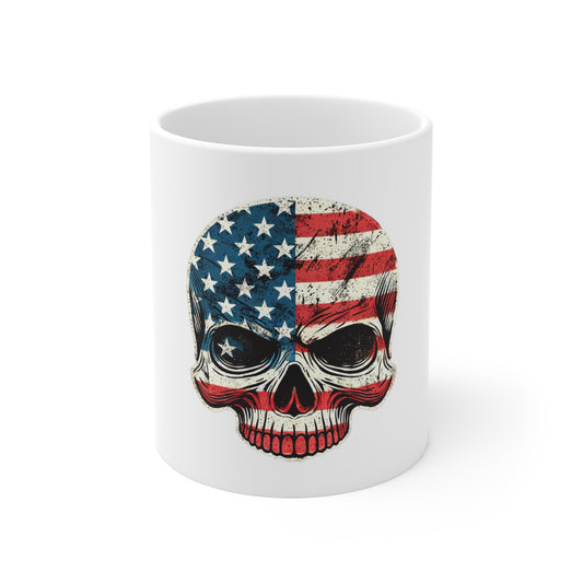 American Flag Skull Mug – Front-Facing Patriotic Skull Coffee Cup – Distressed USA 1776 Freedom Design Mug 11oz