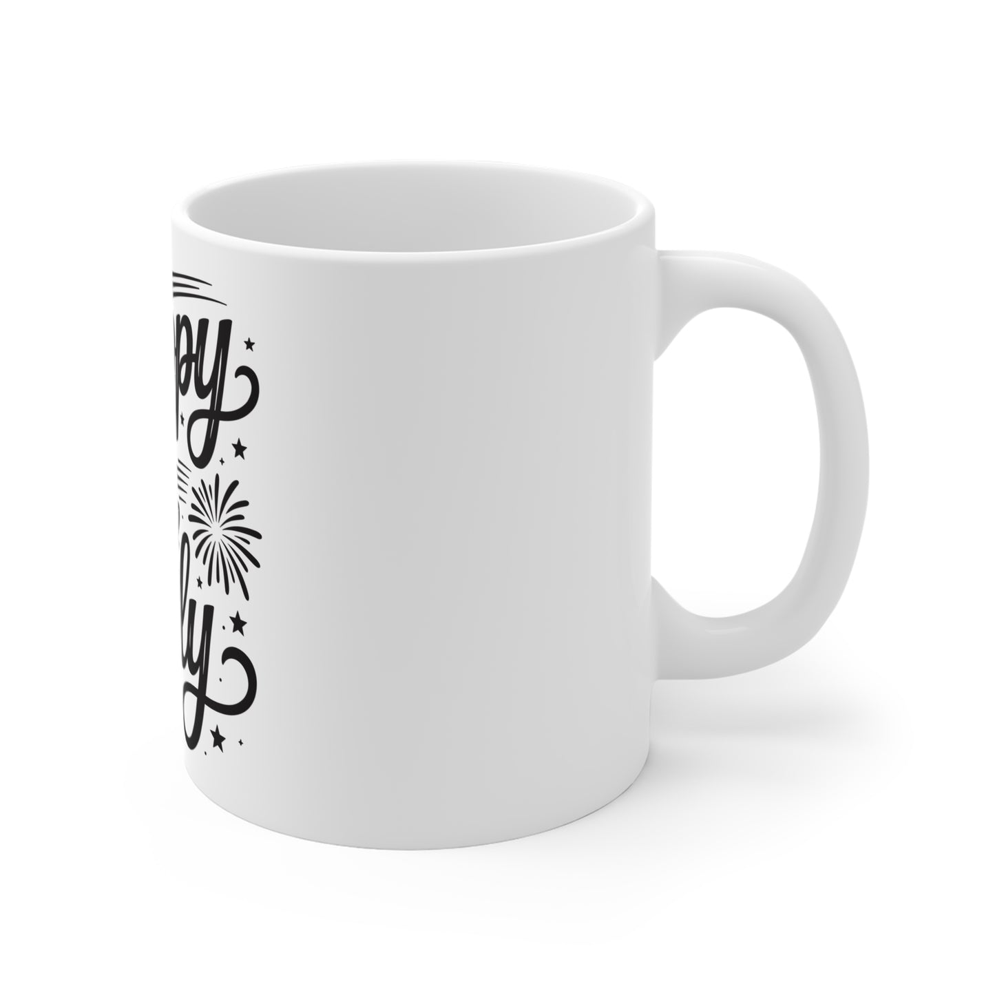 Happy 4th of July Coffee Mug – Patriotic Script Fireworks Mug – Independence Day USA Mug – Festive Americana Celebration Cup Mug 11oz