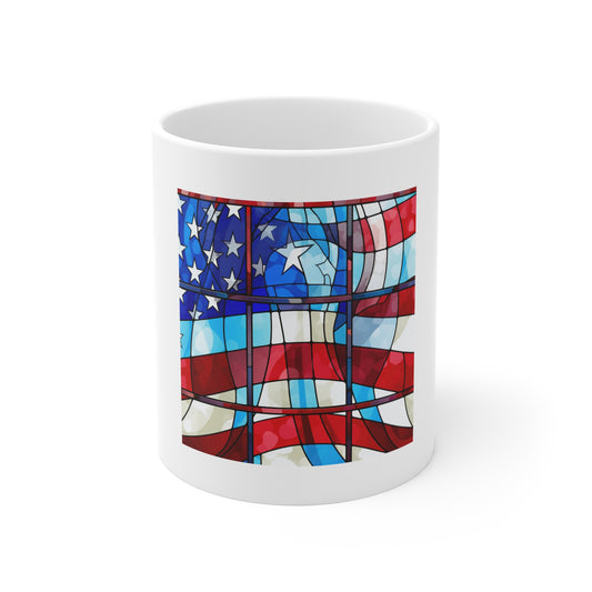 Stained Glass American Flag Coffee Mug – Cathedral Window Patriotic Mug – Colorful USA Flag Cup – Artistic Americana Gift – Premium Art Mug