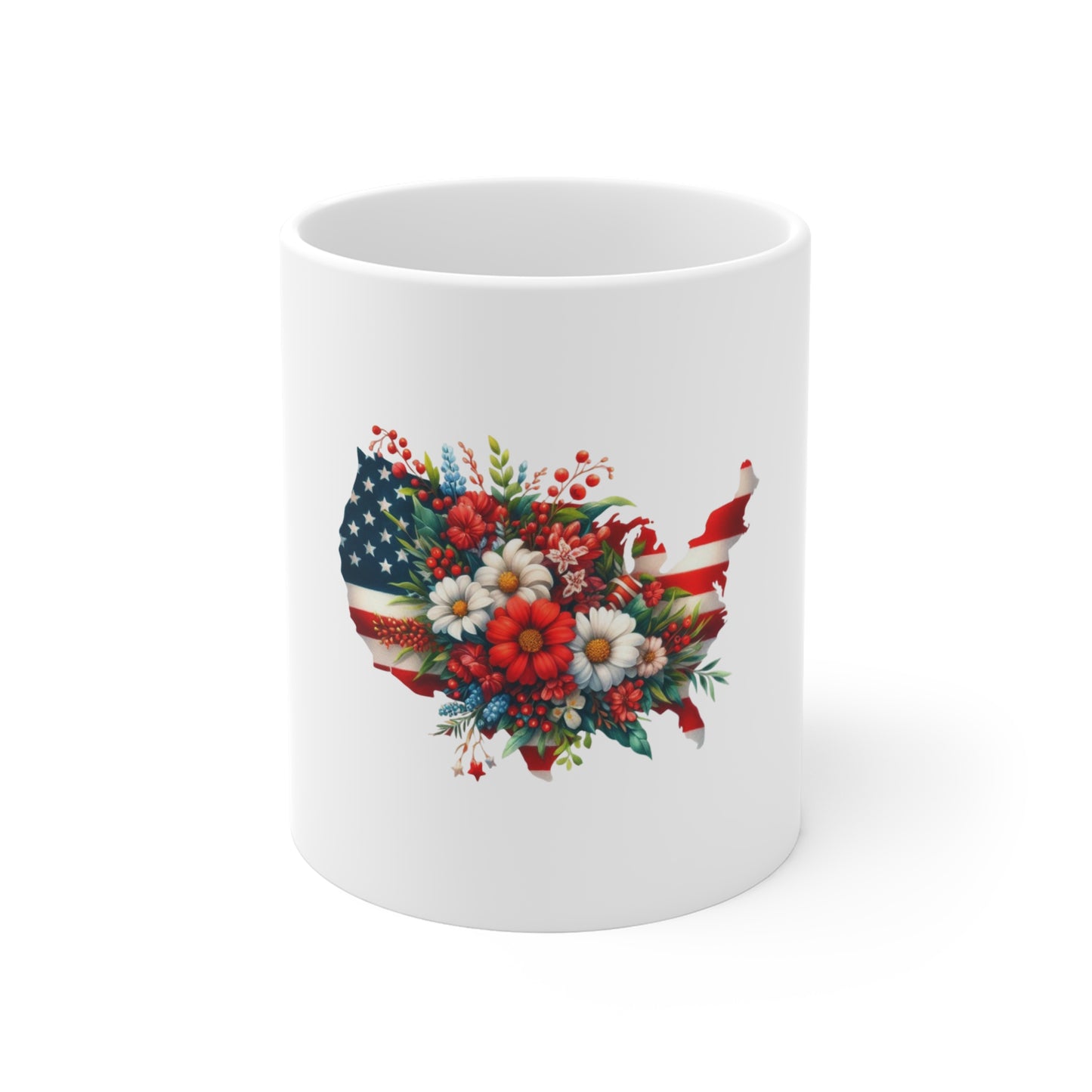 Patriotic Floral USA Map Mug — American Flag with Red & White Flowers (11 oz)