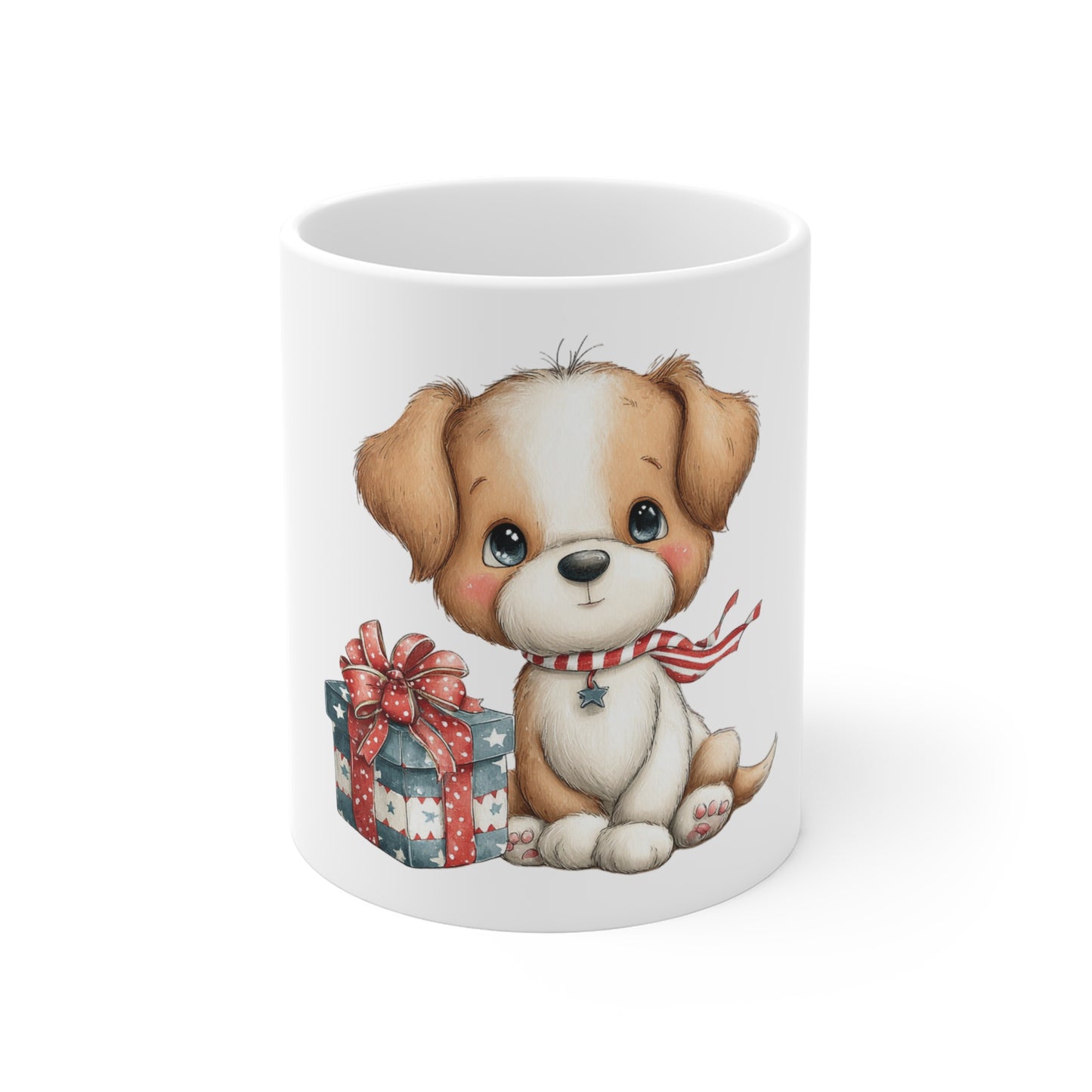 Cute Patriotic Puppy Gift Mug – 4th of July Dog Coffee Mug – Americana Puppy Present Cup – Red White Blue Pet Lover Gift Cute Puppy Christmas Mug — 11oz Gift Dog Mug with Present Design