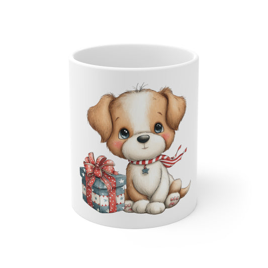 Cute Patriotic Puppy Gift Mug – 4th of July Dog Coffee Mug – Americana Puppy Present Cup – Red White Blue Pet Lover Gift Cute Puppy Christmas Mug — 11oz Gift Dog Mug with Present Design