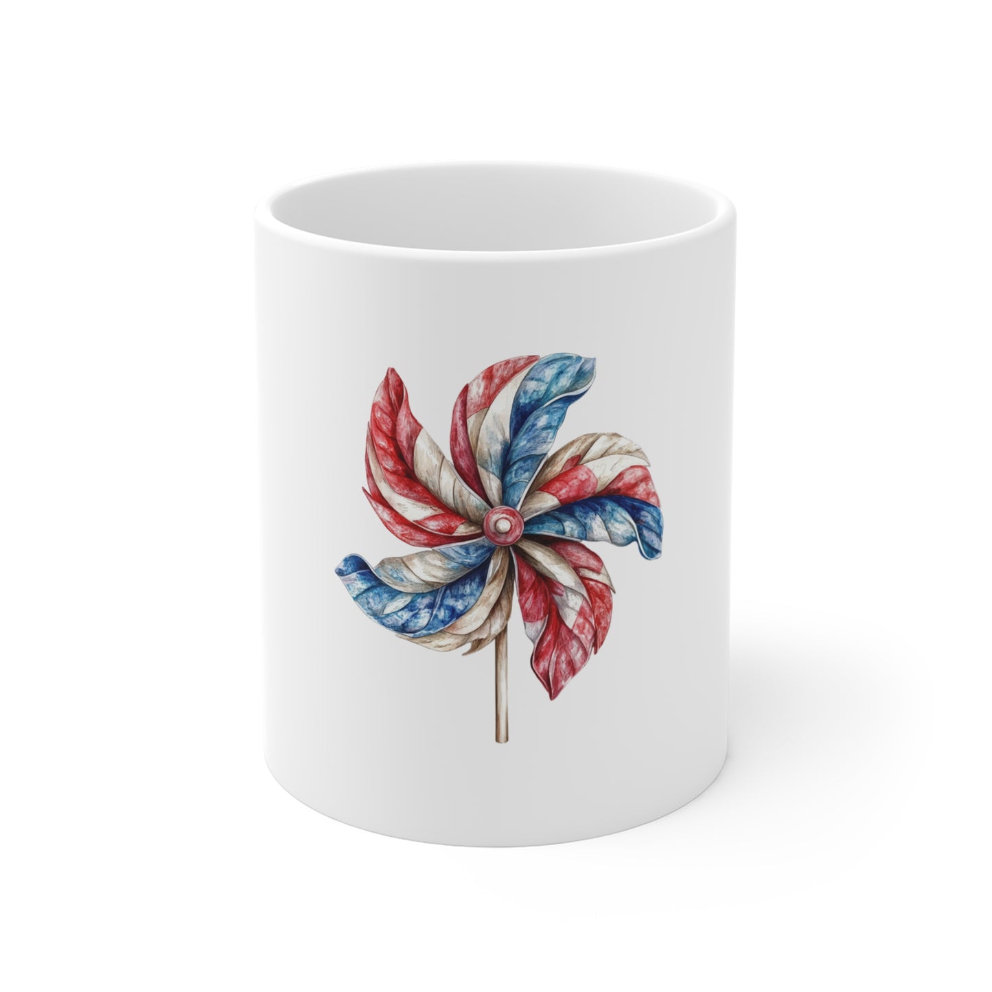 Patriotic Pinwheel Mug — Red, White & Blue 11oz Ceramic Coffee Cup