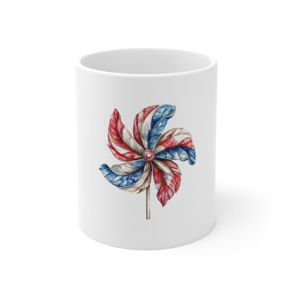 Patriotic Pinwheel Mug — Red, White & Blue 11oz Ceramic Coffee Cup