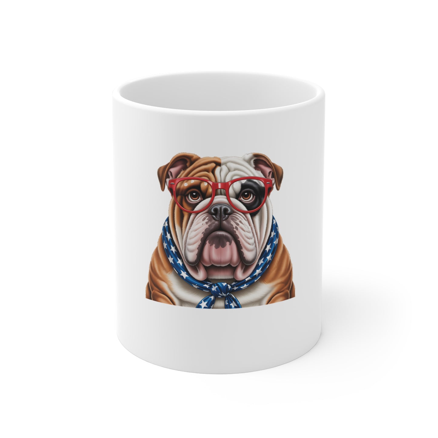 Patriotic Bulldog Mug – Cute English Bulldog with Red Glasses & Stars Scarf, 11oz Coffee Cup