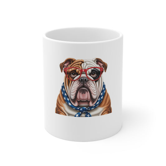 Patriotic Bulldog Mug – Cute English Bulldog with Red Glasses & Stars Scarf, 11oz Coffee Cup