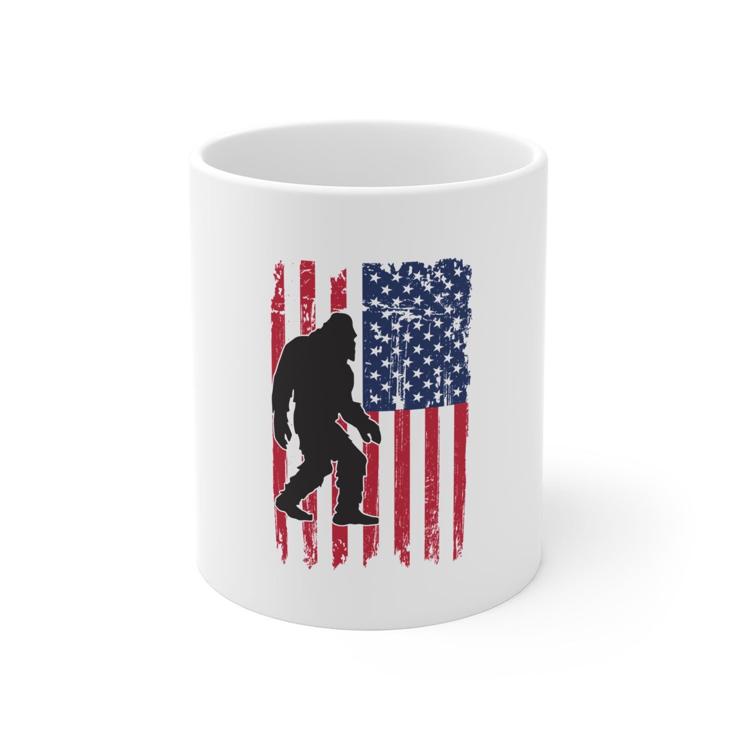 American Flag Bigfoot Mug — Patriotic Sasquatch 11oz Coffee Cup