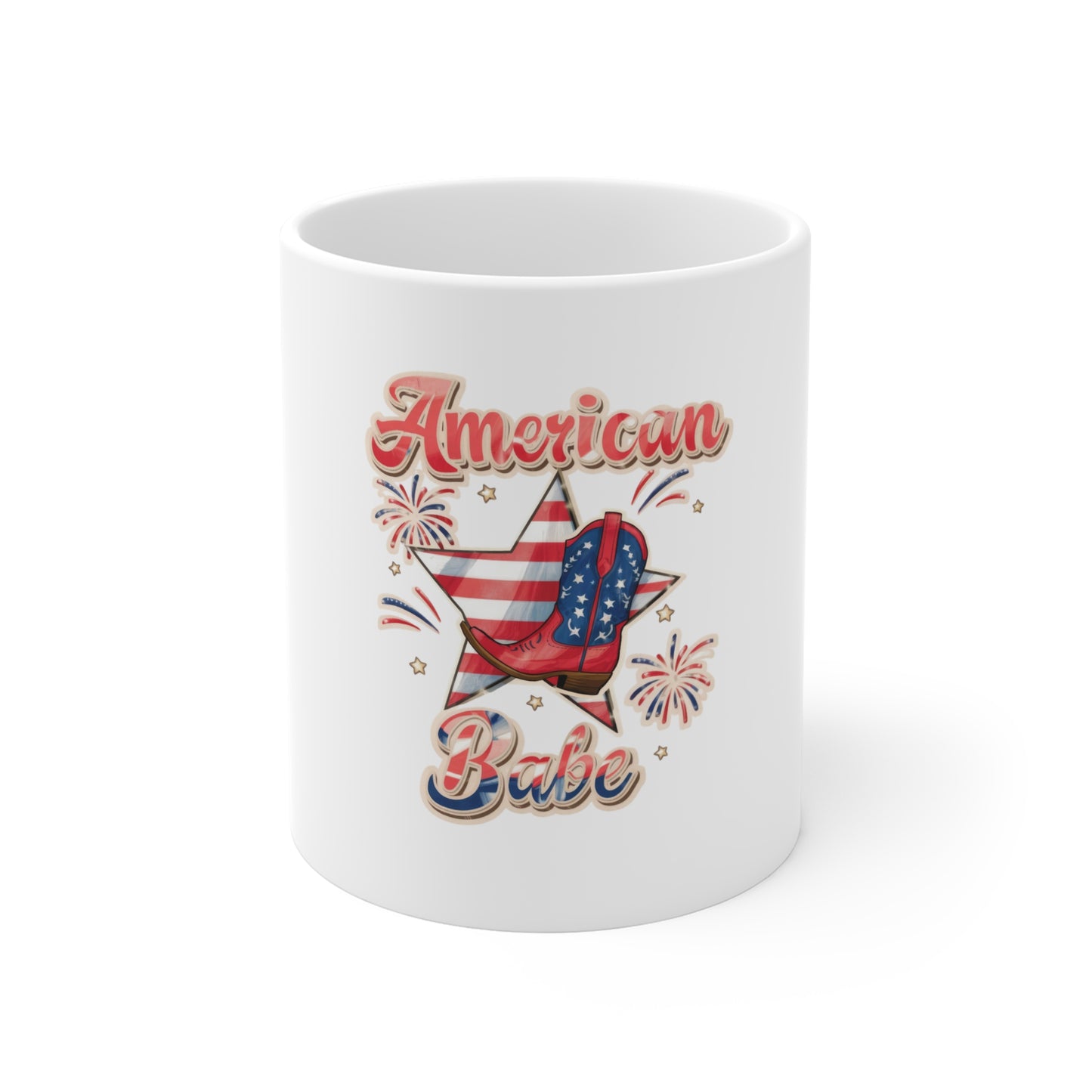 American Babe 11oz Mug — Patriotic Stars & Fireworks Coffee Cup