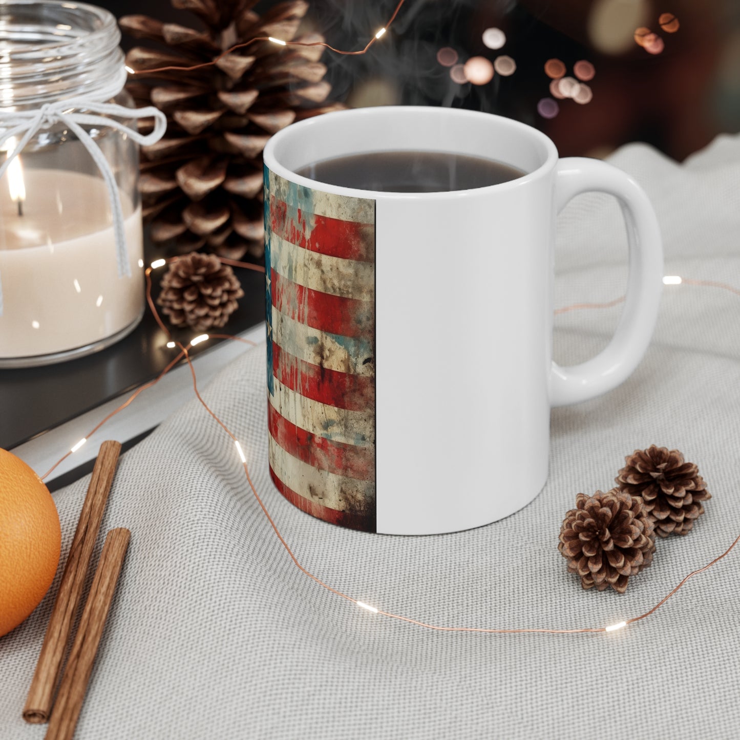 Vintage Grunge American Flag Coffee Mug – Faded USA Flag Mug – Rustic Distressed Patriotic Mug – Classic Americana Gift 11oz