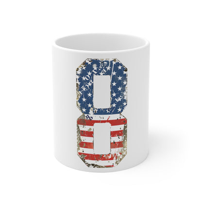 Distressed American Flag Number 8 Coffee Mug – Vintage Patriotic Number Mug – Rustic USA Stars & Stripes Cup – Americana Gift Mug 11oz