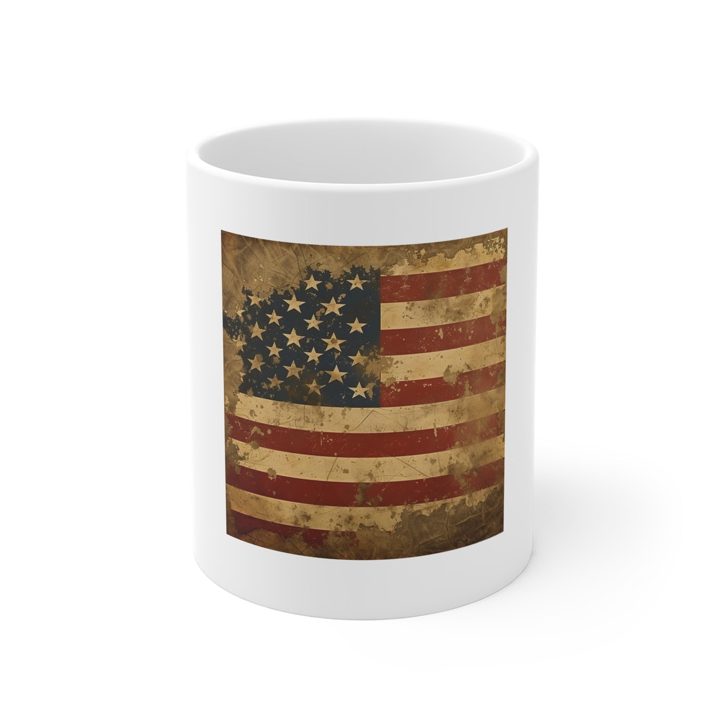 Antique American Flag Coffee Mug – Distressed Patriotic USA Mug – Vintage Worn Stars & Stripes 11oz Ceramic Cup – Heritage Gift
