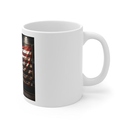 Hanging American Flag Coffee Mug – Rustic Wood Wall USA Flag Mug – Vintage Americana Banner Mug – Patriotic Coffee Cup American Flag 11oz Coffee Mug – Rustic USA Patriotic Pride Gift