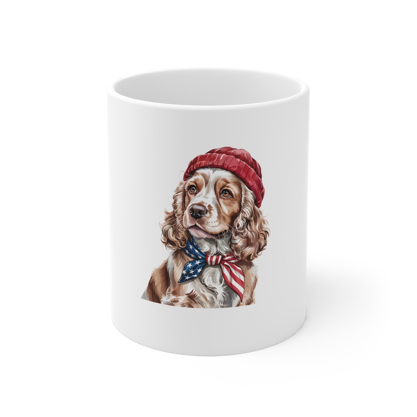 Patriotic Cocker Spaniel Mug — 11oz Dog Coffee Cup with American Flag Bandana