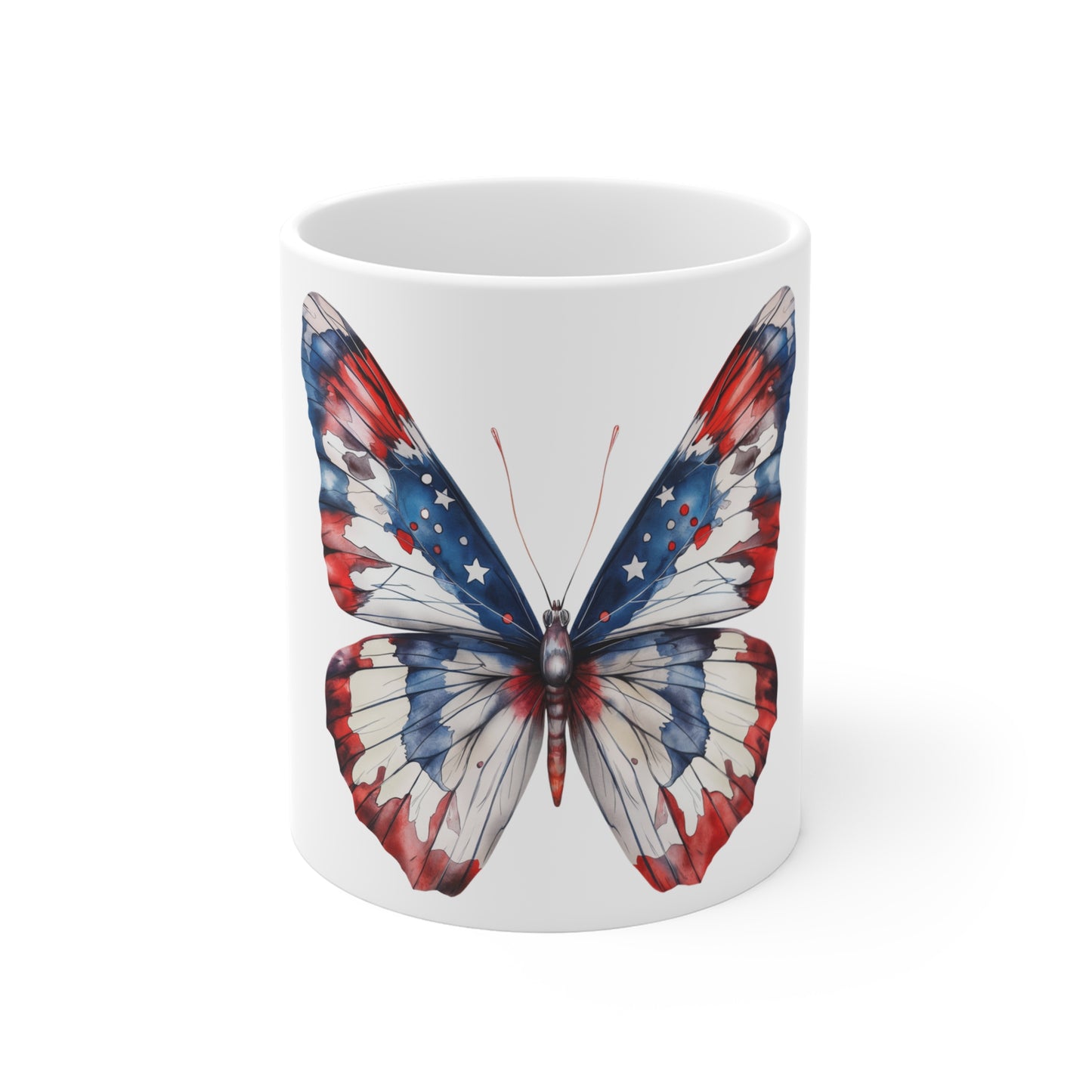 Patriotic Watercolor Butterfly Mug – Red White Blue Soft Wash Butterfly Coffee Mug – Americana Art Cup – Elegant USA Gift Mug Mug 11oz