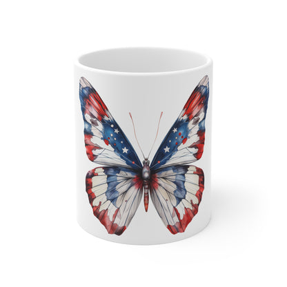 Patriotic Watercolor Butterfly Mug – Red White Blue Soft Wash Butterfly Coffee Mug – Americana Art Cup – Elegant USA Gift Mug Mug 11oz
