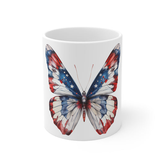 Patriotic Watercolor Butterfly Mug – Red White Blue Soft Wash Butterfly Coffee Mug – Americana Art Cup – Elegant USA Gift Mug Mug 11oz