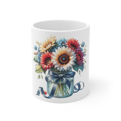 Patriotic Sunflower Bouquet Coffee Mug – Red White Blue Sunflower Mason Jar Mug – Americana Floral Gift Cup – Rustic Farmhouse Mug Sunflower Mason Jar Floral Mug – Colorful Bouquet Coffee Cup