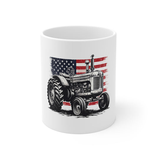 Vintage Patriotic Tractor Coffee Mug – American Flag Farm Tractor Mug – Rustic USA Heritage Cup – Classic Farmer Gift Mug – Distressed Americana Tractor Mug Mug 11oz