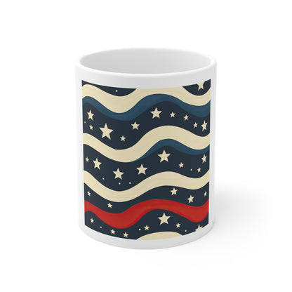 Midnight Americana Wave Coffee Mug – Patriotic Star Wave Mug – Navy Retro USA Pattern Cup – Vintage Red White Blue Night Sky Mug Patriotic Wavy Stars 11oz Coffee Mug