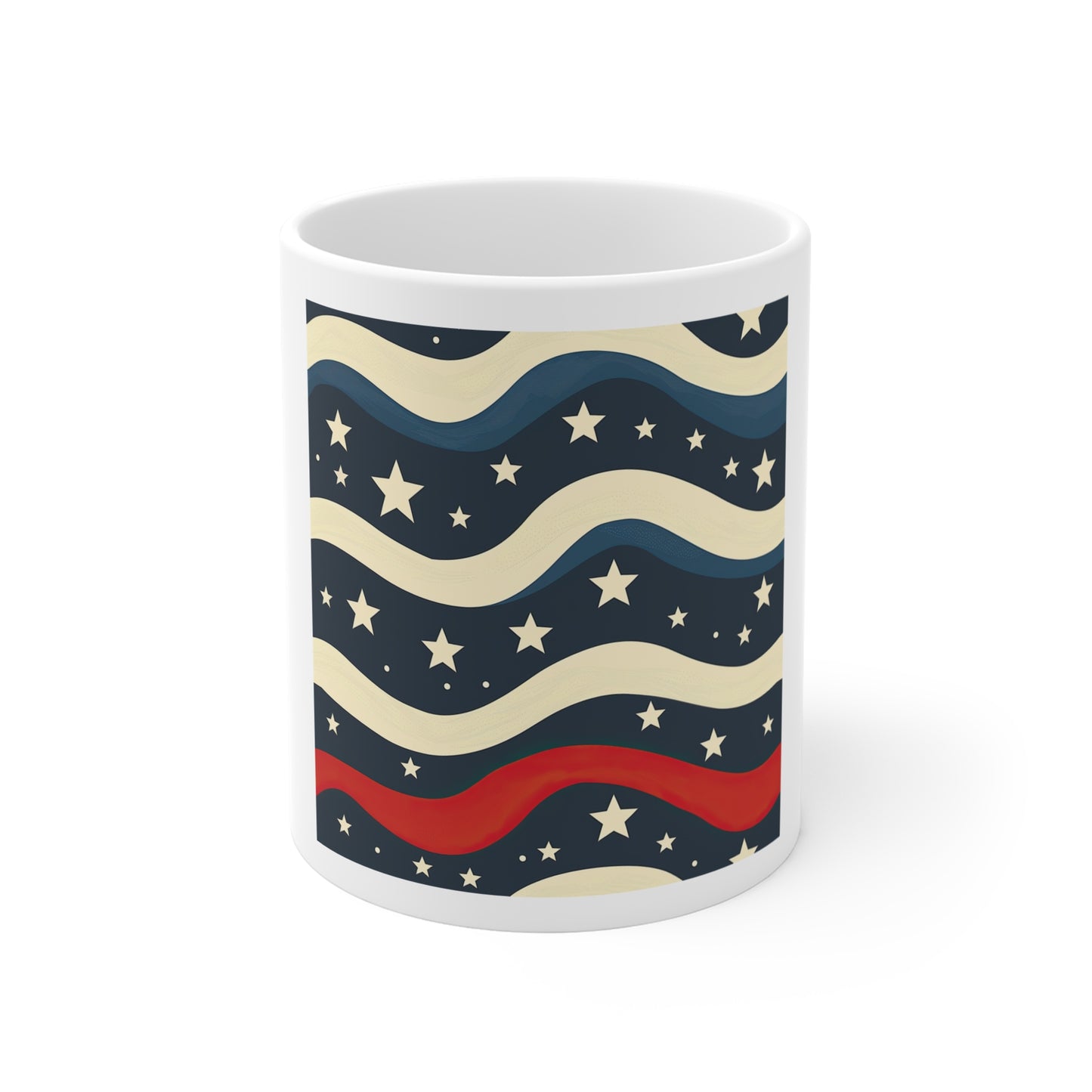 Vintage Navy Wave Star Coffee Mug – Retro Patriotic Wave Mug – Americana Star Pattern Cup – Classic USA Navy & Cream Mug Patriotic Wavy Stars 11oz Coffee Mug — Red White Blue Americana Design