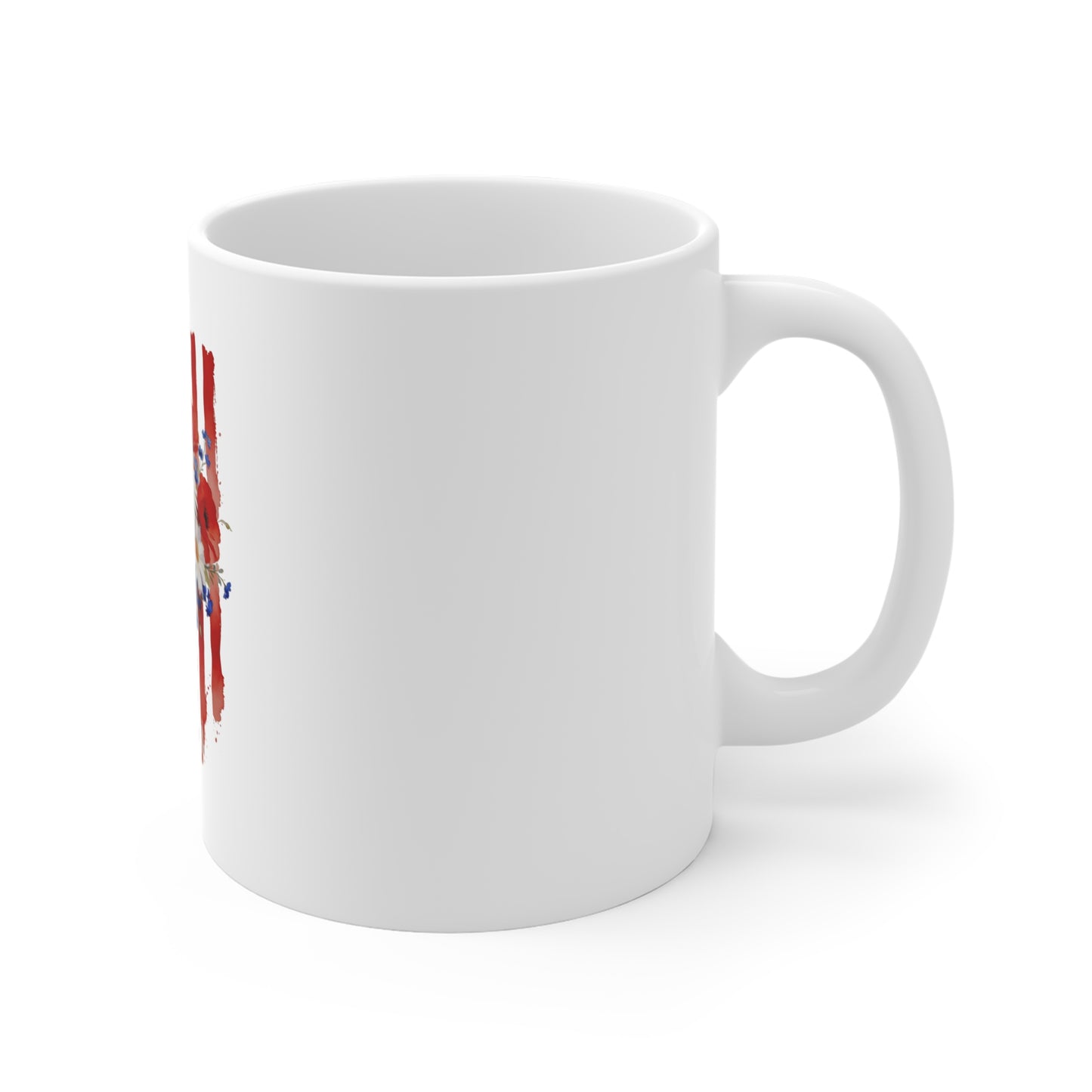 Patriotic Floral Mug — American Flag with Red Poppies & Daisies, 11oz