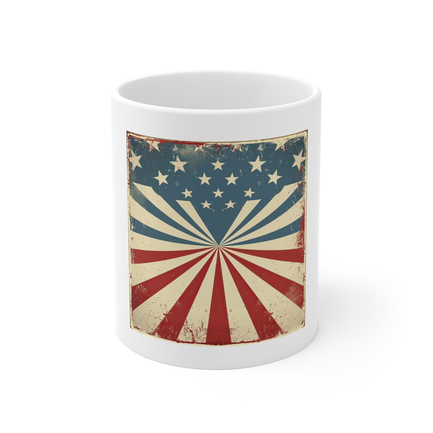 Retro American Flag Coffee Mug – Vintage Sunburst USA Mug – Patriotic 11oz Ceramic Cup – Unique Americana Gift