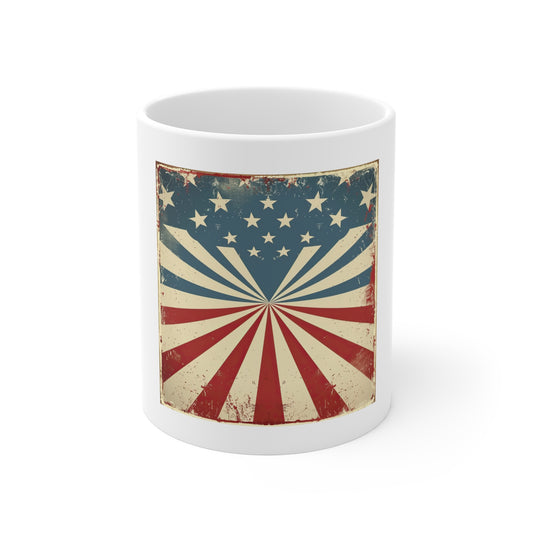 Retro American Flag Coffee Mug – Vintage Sunburst USA Mug – Patriotic 11oz Ceramic Cup – Unique Americana Gift