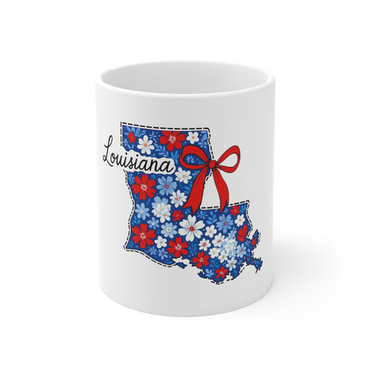 Louisiana Floral State Map Mug — 11oz Red, White & Blue Gift