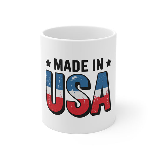 Made in USA Distressed Coffee Mug – Bold Patriotic USA Mug – Vintage Red White Blue Typography Cup – American Pride Gift Mug Made in USA Coffee Mug — Patriotic 11oz Ceramic Mug
