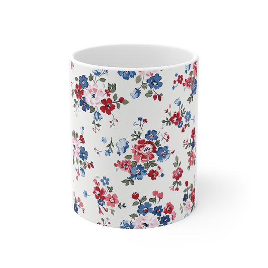 Patriotic Wildflower Coffee Mug – Red White Blue Ditsy Floral Mug – Vintage Americana Meadow Mug – Cottage Garden USA Cup Floral Vintage 11oz Mug — Red & Blue Cottagecore Flower Pattern