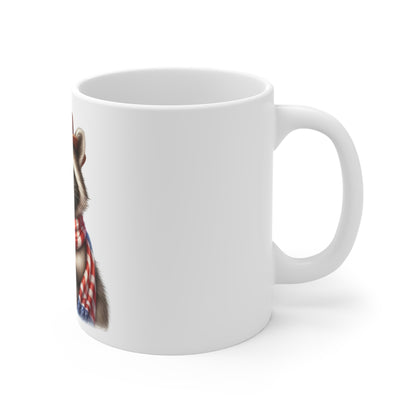 Patriotic Raccoon Coffee Mug – Cute American Raccoon Mug – Red White Blue Scarf Flag Cup – 4th of July Animal Mug11oz