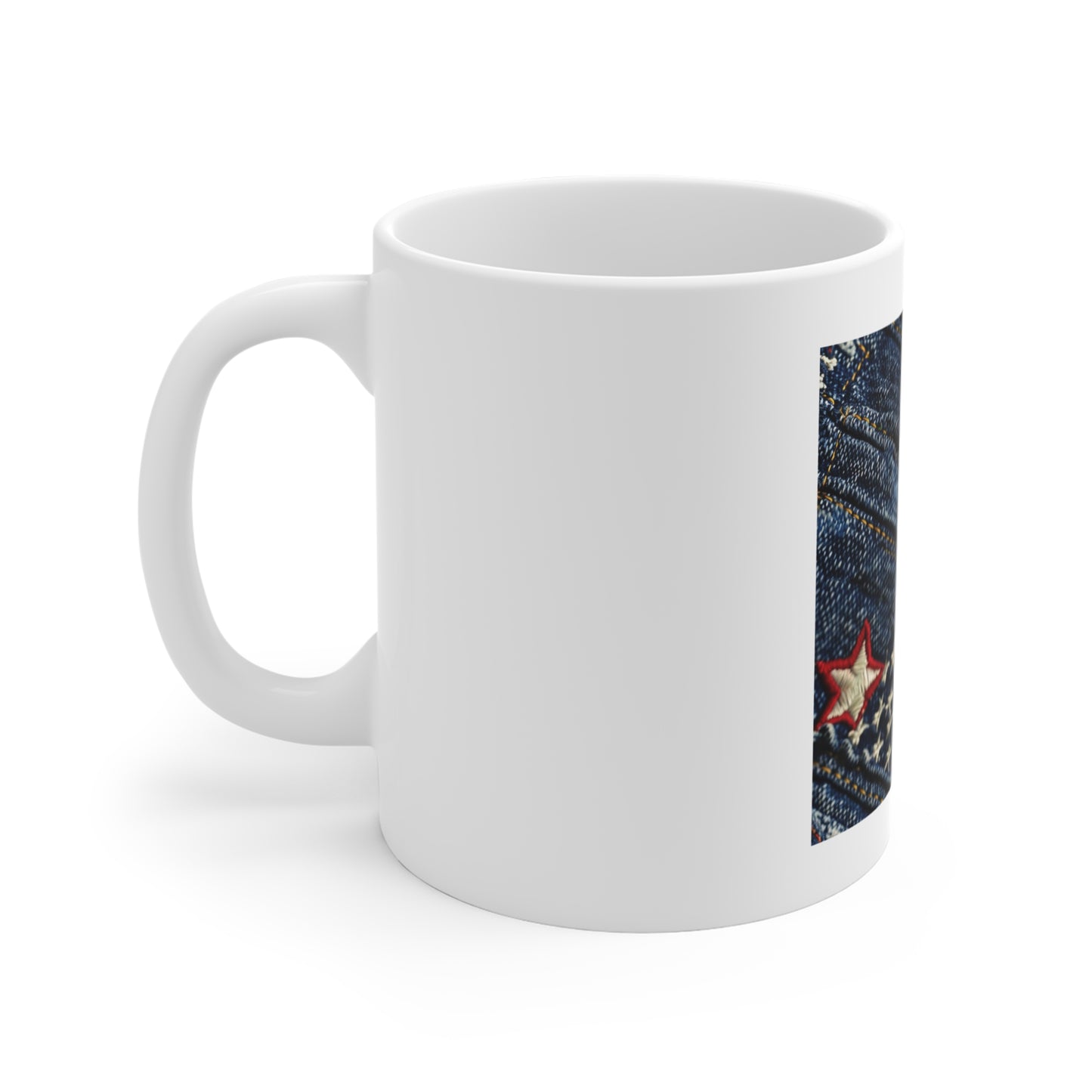 Denim American Flag Coffee Mug – Embroidered Stars Patriotic Mug – Shallow Focus Jeans Texture USA Cup – Rugged Americana Gift Patriotic Denim Stars Mug — 11oz Americana Coffee Cup