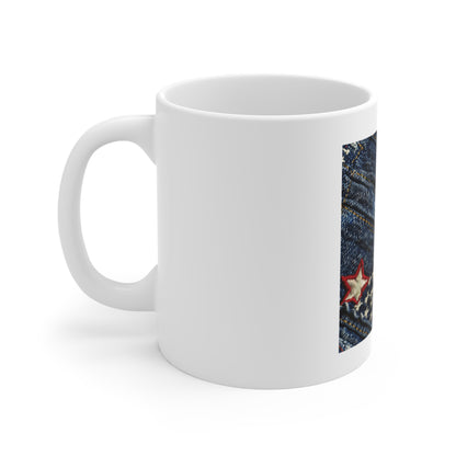Denim American Flag Coffee Mug – Embroidered Stars Patriotic Mug – Shallow Focus Jeans Texture USA Cup – Rugged Americana Gift Patriotic Denim Stars Mug — 11oz Americana Coffee Cup