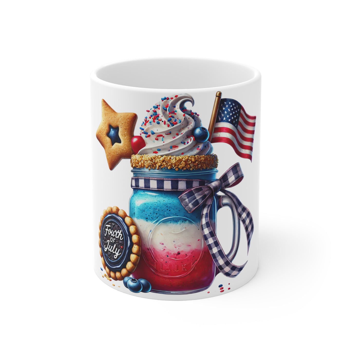 Fourth of July Ice Cream Sundae Mug – Patriotic Mason Jar Dessert Mug – Red White Blue Milkshake Cup with American Flag – Americana Treat Mug Patriotic Red White & Blue Dessert Mason Jar Mug — 11oz...