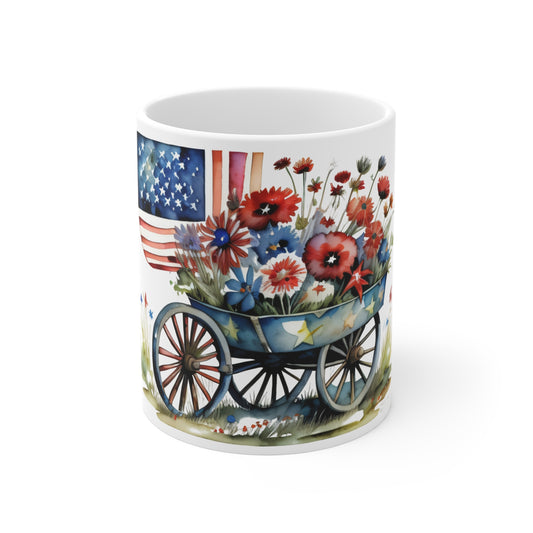Patriotic Floral Wagon Mug – Americana Watercolor USA Flag Coffee Cup – Rustic Farmhouse Red White Blue Mug 11oz