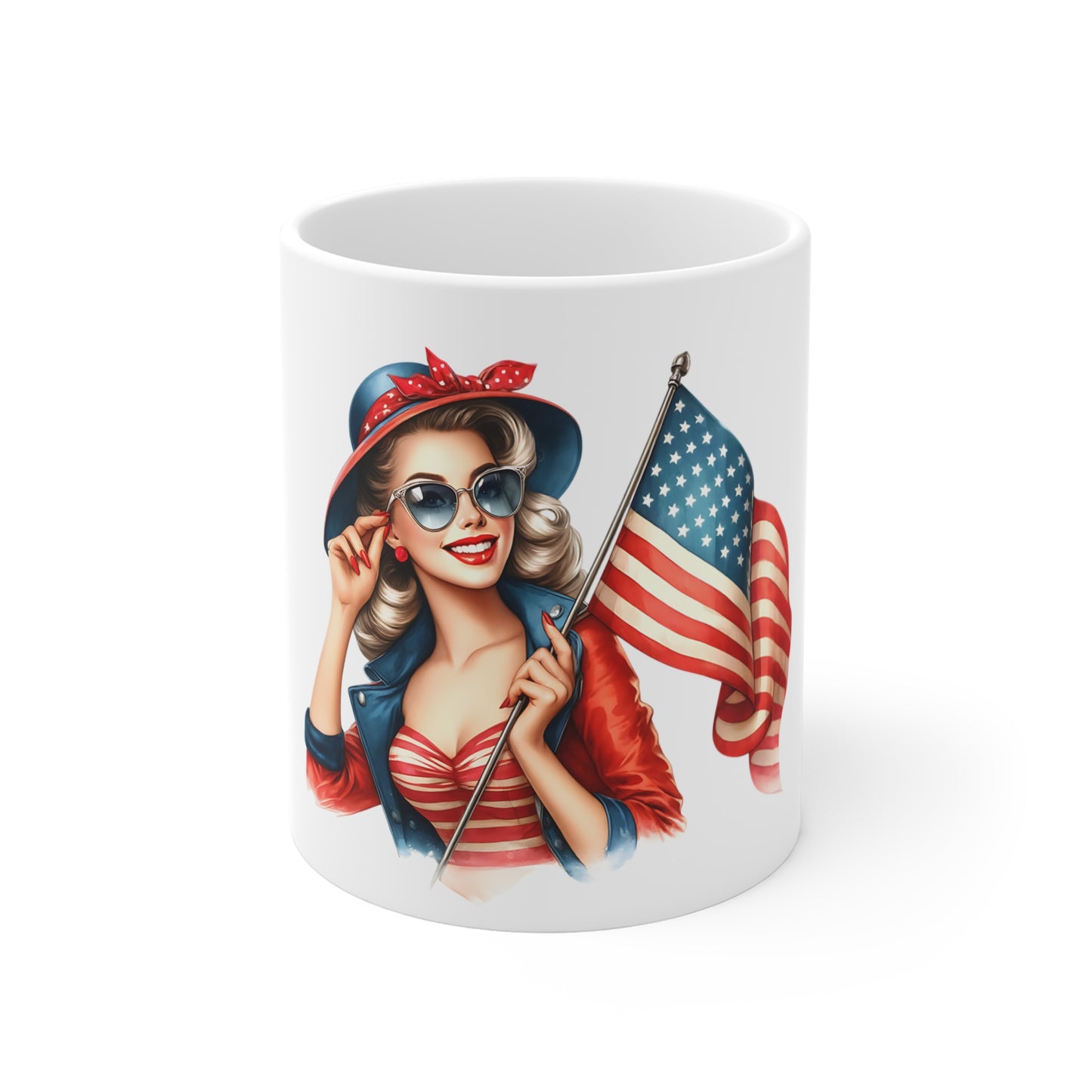 Patriotic Retro Woman with Flag Mug – Vintage American Pin Up Coffee Mug – USA Flag Cup – 4th of July Gift – Classic Americana Style Patriotic Pin-Up Girl Mug — 11oz American Flag Coffee Cup for 4th...