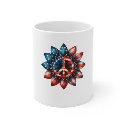 Patriotic Peace Flower Mug — American Flag Peace Sign 11oz