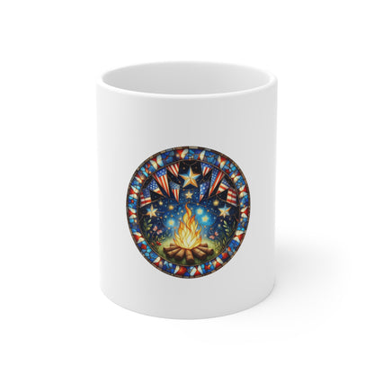 Stained Glass Campfire Patriotic Mug – Americana Night Sky Coffee Mug – Fourth of July Firelight Art Cup – USA Celebration Gift Mug 11oz