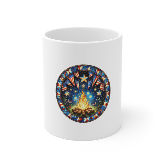 Stained Glass Campfire Patriotic Mug – Americana Night Sky Coffee Mug – Fourth of July Firelight Art Cup – USA Celebration Gift Mug 11oz