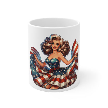Patriotic Pin-Up Flag Dress Mug – Vintage Americana Woman Coffee Mug – Retro USA Stars and Stripes Cup – Bold American Beauty Mug – Fourth of July Gift American Pinup Mug – Retro Patriotic 11oz Coffee...