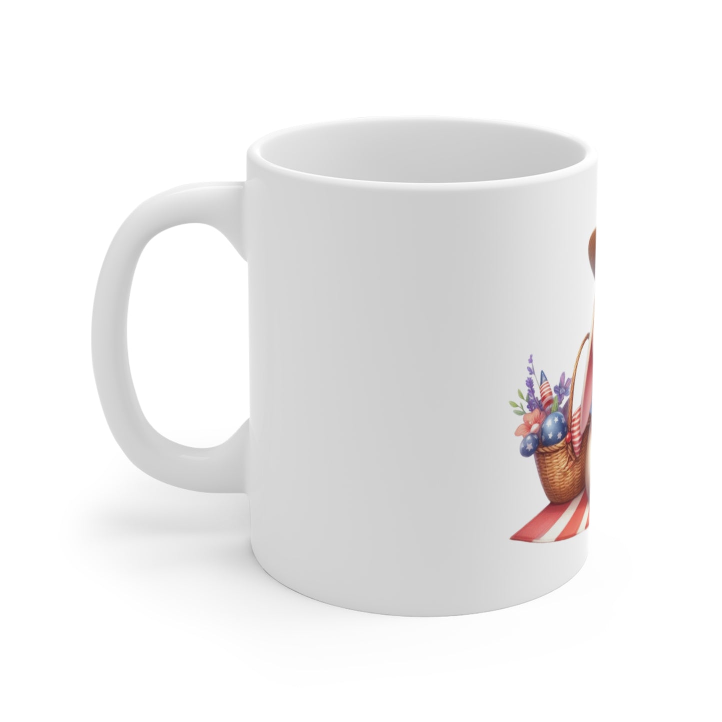 Cute Patriotic Bunny Coffee Mug – Americana Picnic Rabbit Mug – Red White Blue Floral Basket Cup – Adorable USA Gift Mug 11oz