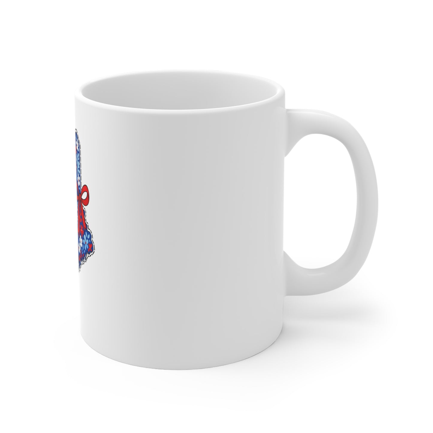 Maine Floral State Outline Mug — Red, White & Blue Flower Pattern with Ribbon (11 oz)