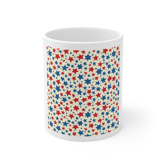 Red White & Blue Star Pattern Coffee Mug – Patriotic Stars Mug – Americana Confetti Star Cup – Festive USA Mug Gift Patriotic Red White Blue Star Pattern Mug — 11oz Ceramic Coffee Cup