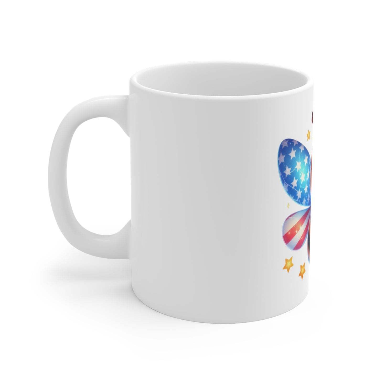 Cute Patriotic Bee Coffee Mug – Kawaii Fireworks Bumblebee Mug – Red White Blue Americana Cup – Adorable USA Gift Mug 11oz