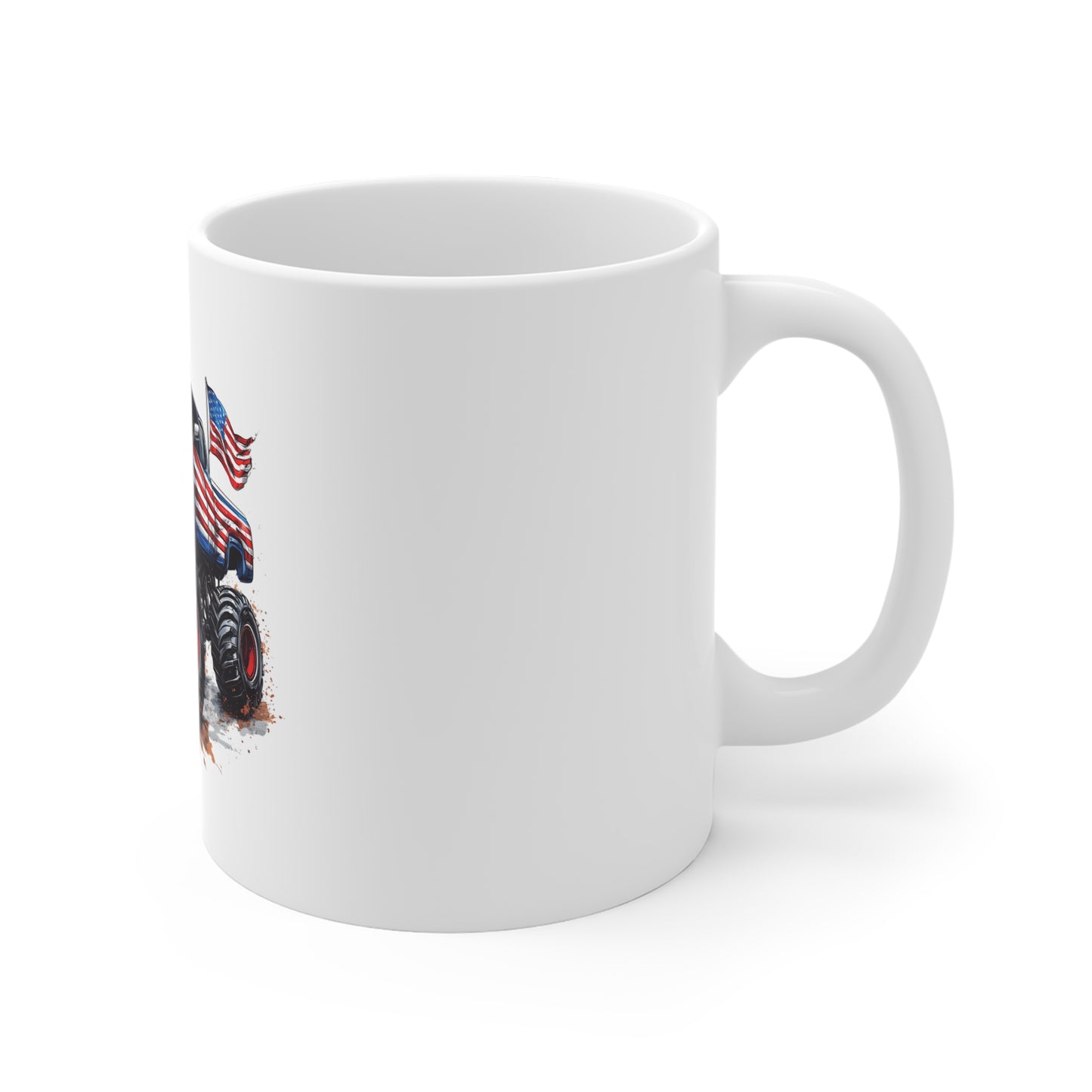 Patriotic Monster Truck Coffee Mug – American Flag Pickup Truck Mug – USA Off-Road Truck Design – Rugged Americana Gift Mug 11oz
