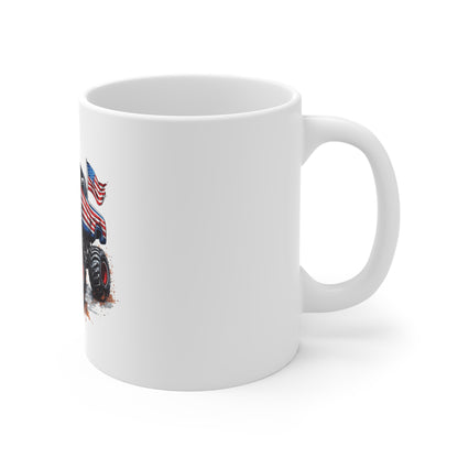 Patriotic Monster Truck Coffee Mug – American Flag Pickup Truck Mug – USA Off-Road Truck Design – Rugged Americana Gift Mug 11oz