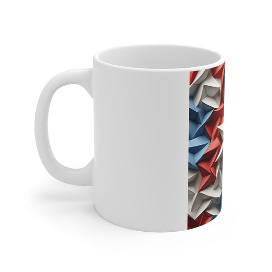 3D Patriotic Starburst Coffee Mug – Bold Central Star Americana Mug – Red White Blue Geometric Star Design – USA Statement Mug 11oz