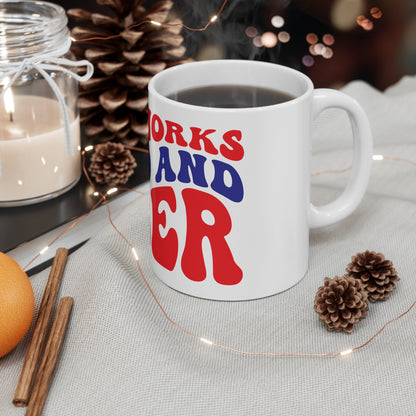 Fireworks Food and Beer Coffee Mug – Funny 4th of July Mug – Patriotic BBQ Humor Cup – Retro Americana Party Mug Mug 11oz