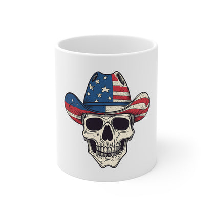 American Flag Skull Cowboy Mug — Patriotic Western 11oz Coffee Cup